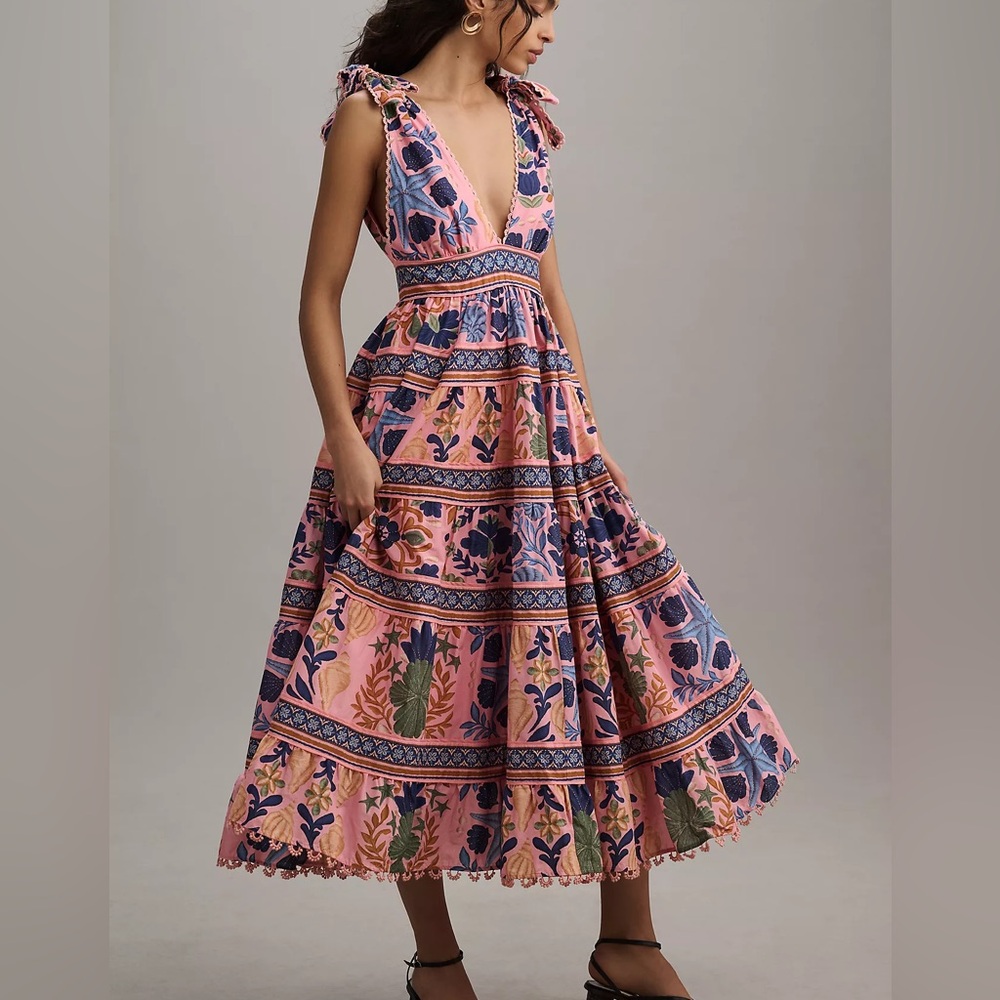 FARM RIO SEASHELL MIDI DRESS SIZE L NWT